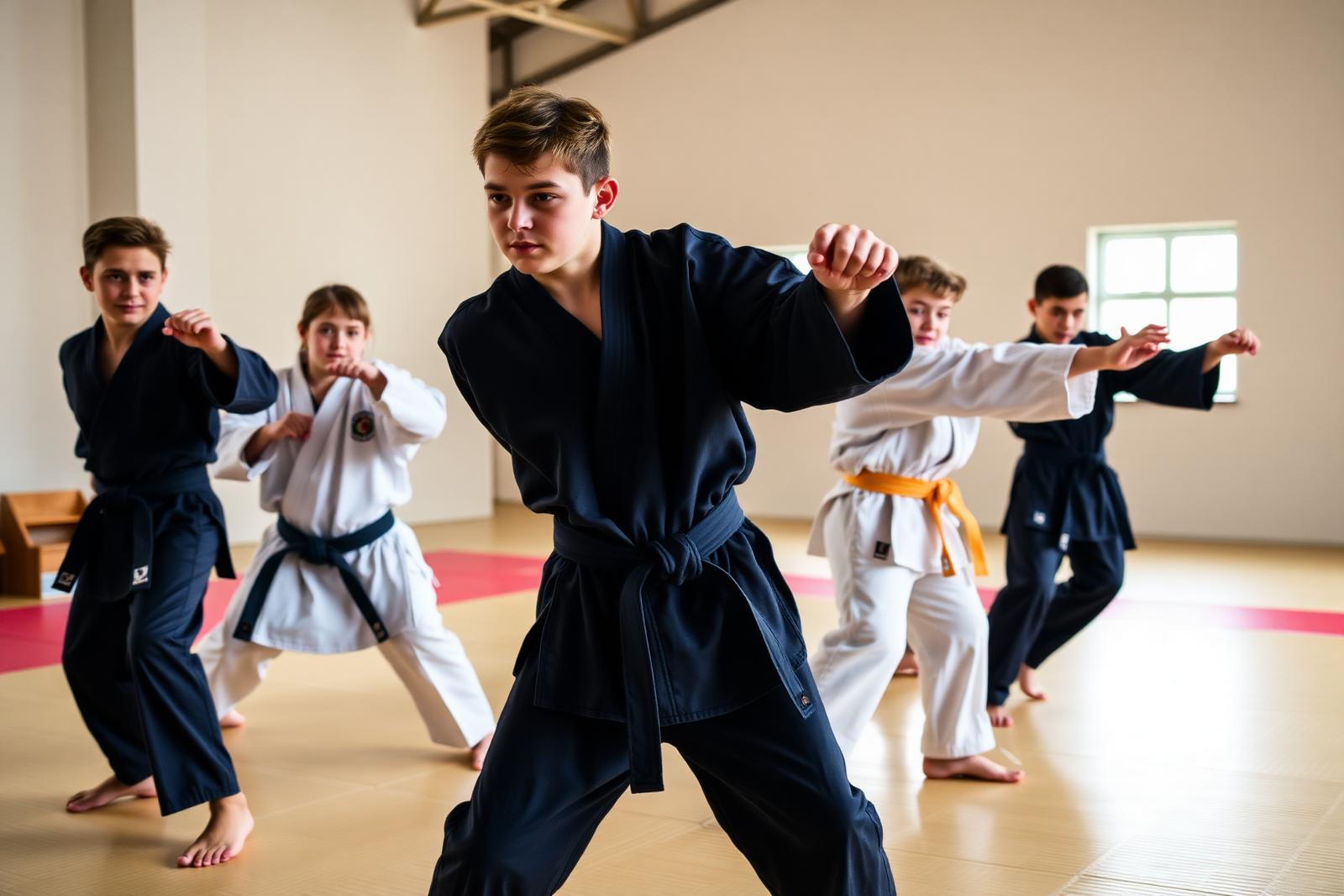 Jovens karatecas em treino de kata